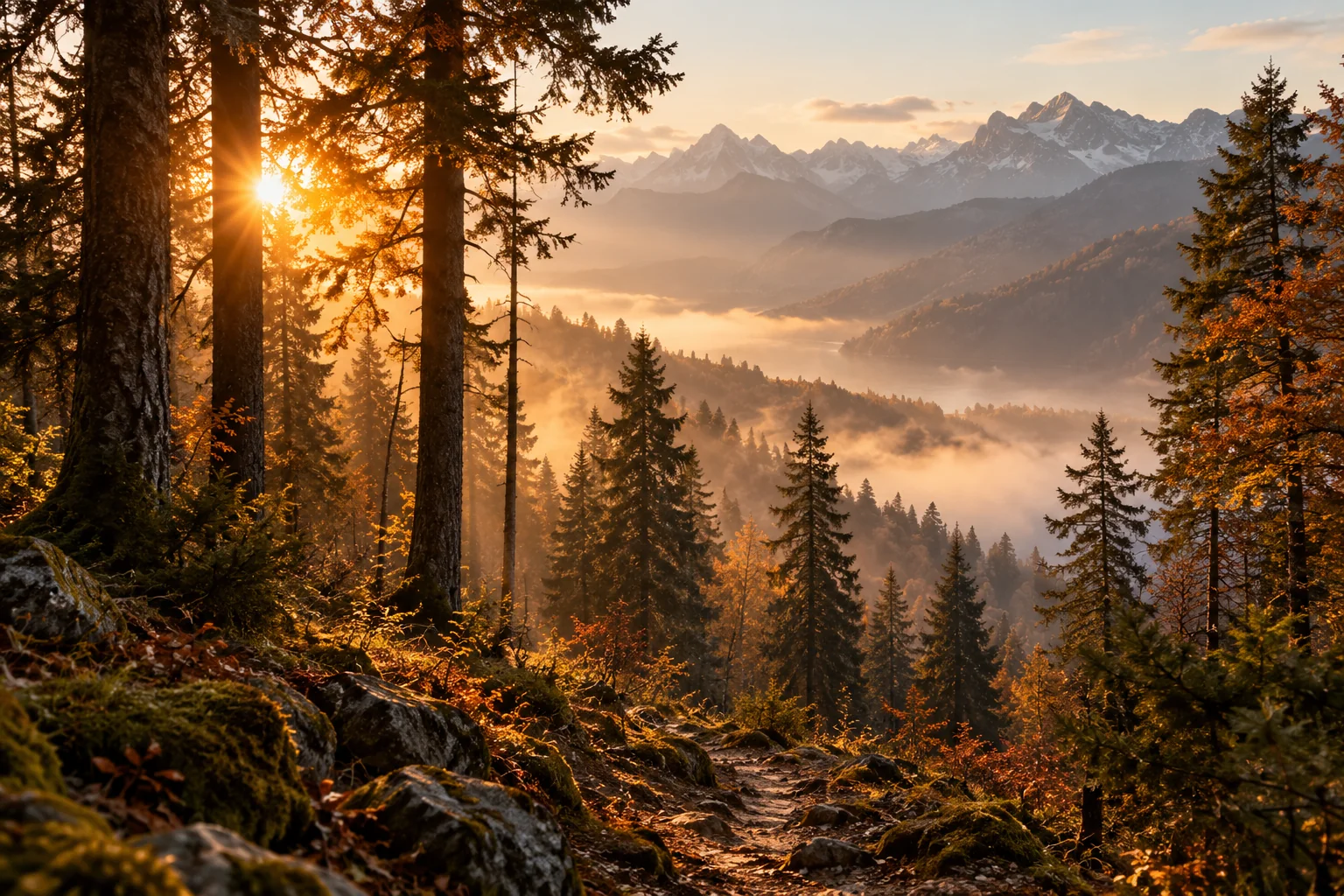 Lumière dorée dans une forêt alpine