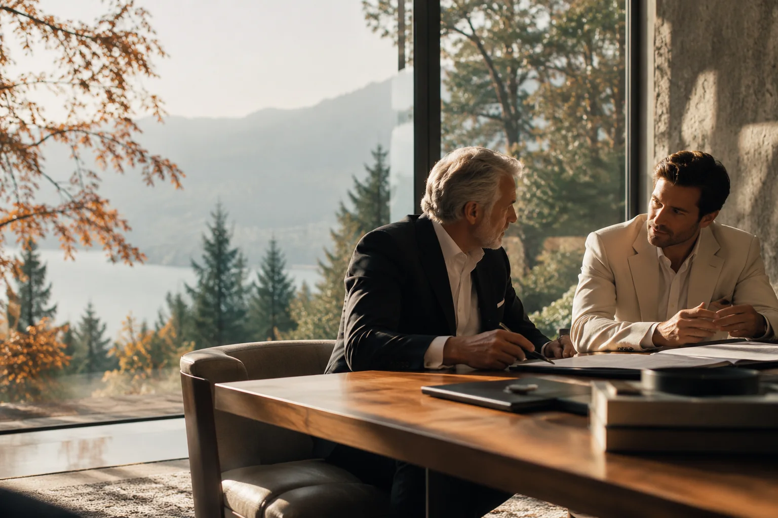 Échange professionnel dans un bureau avec vue sur un paysage boisé
